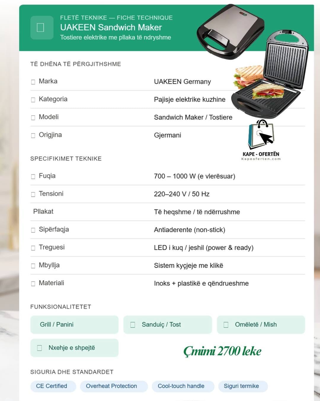 TOSTIERE ELEKTRIKE -SANDWICH MAKER PREMIUM – UAKEEN GERMANY TOSTIERE ELEKTRIKE -SANDWICH MAKER PREMIUM - UAKEEN GERMANY - Figura 3